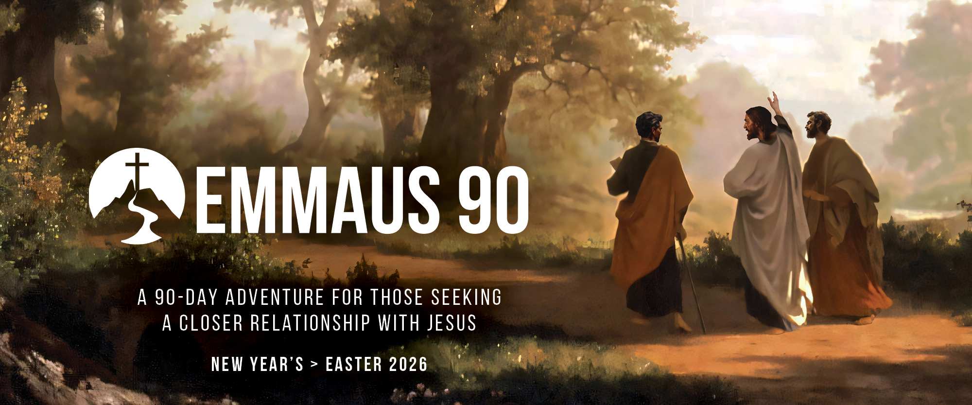 Evergreen tree mountain scene with text.